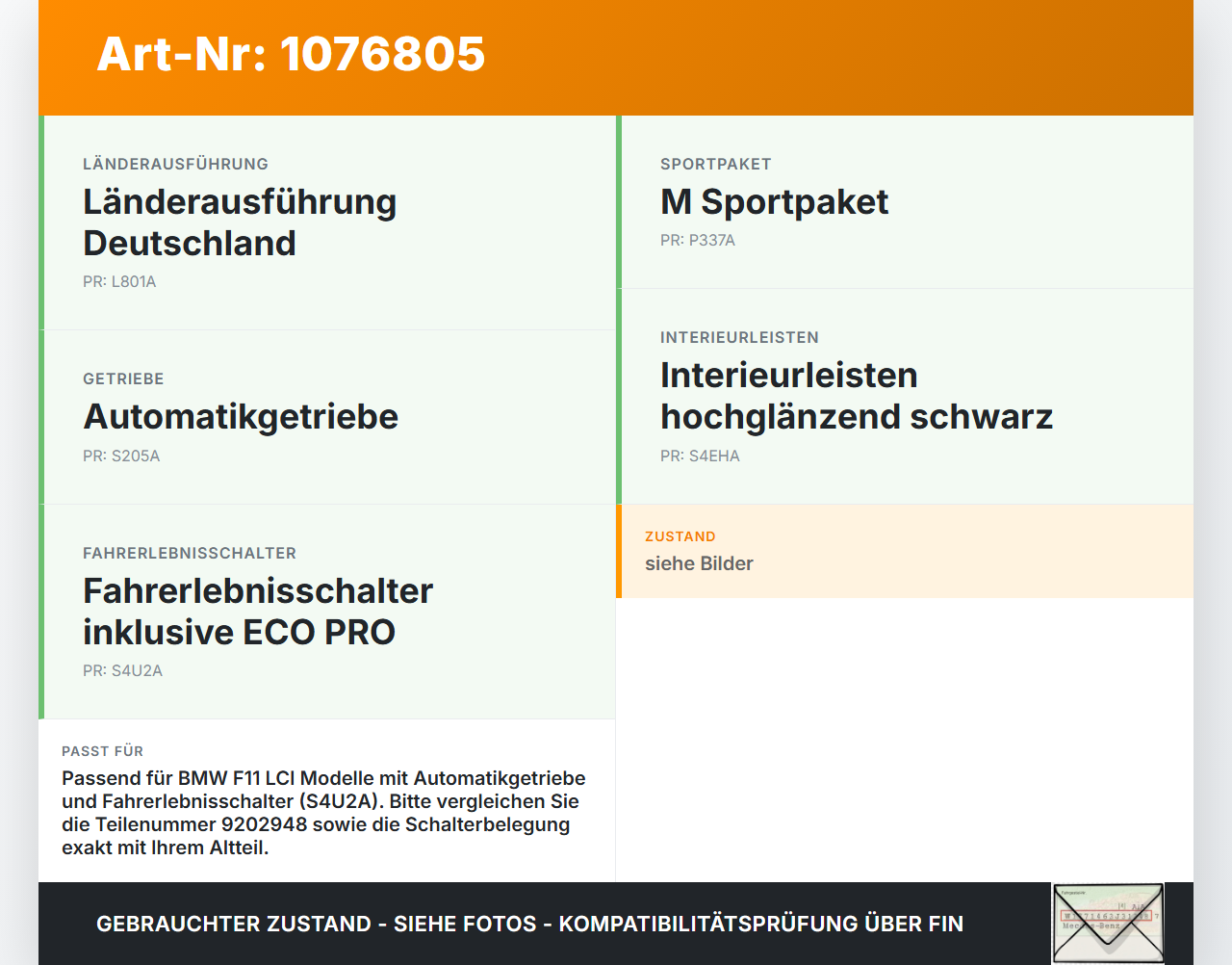 BMW F11 530dx 10-14 Schalter Fahrmodi Verstellung BMW F11 530dx 10-14 15.05.2014 9202948 61.31-9202948-02 gebraucht Vorschau 3