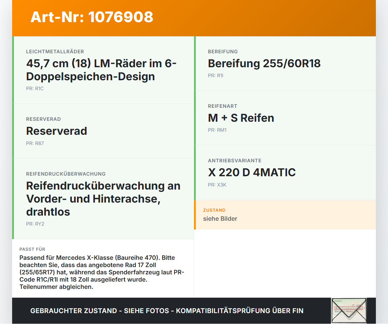 Mercedes X-Kl 470 X220d 17-20 1 x Komplettrad Ersatzrad Stahlfelge Winterreifen 255/65R17 5X114.3 Mercedes X-Kl 470... Vorschau 3