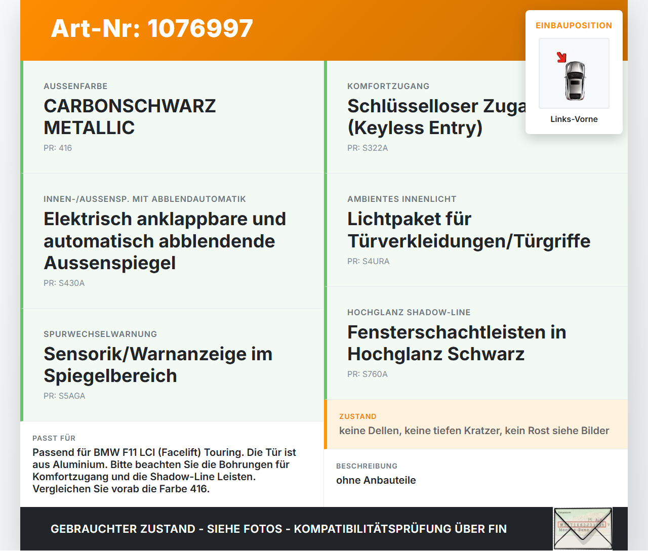 BMW F11 530dx 10-14 Kombi Tür Fahrertür Links Vorne Alu 416 BMW F11 530dx 10-14 15.05.2014 gebraucht Vorschau 3