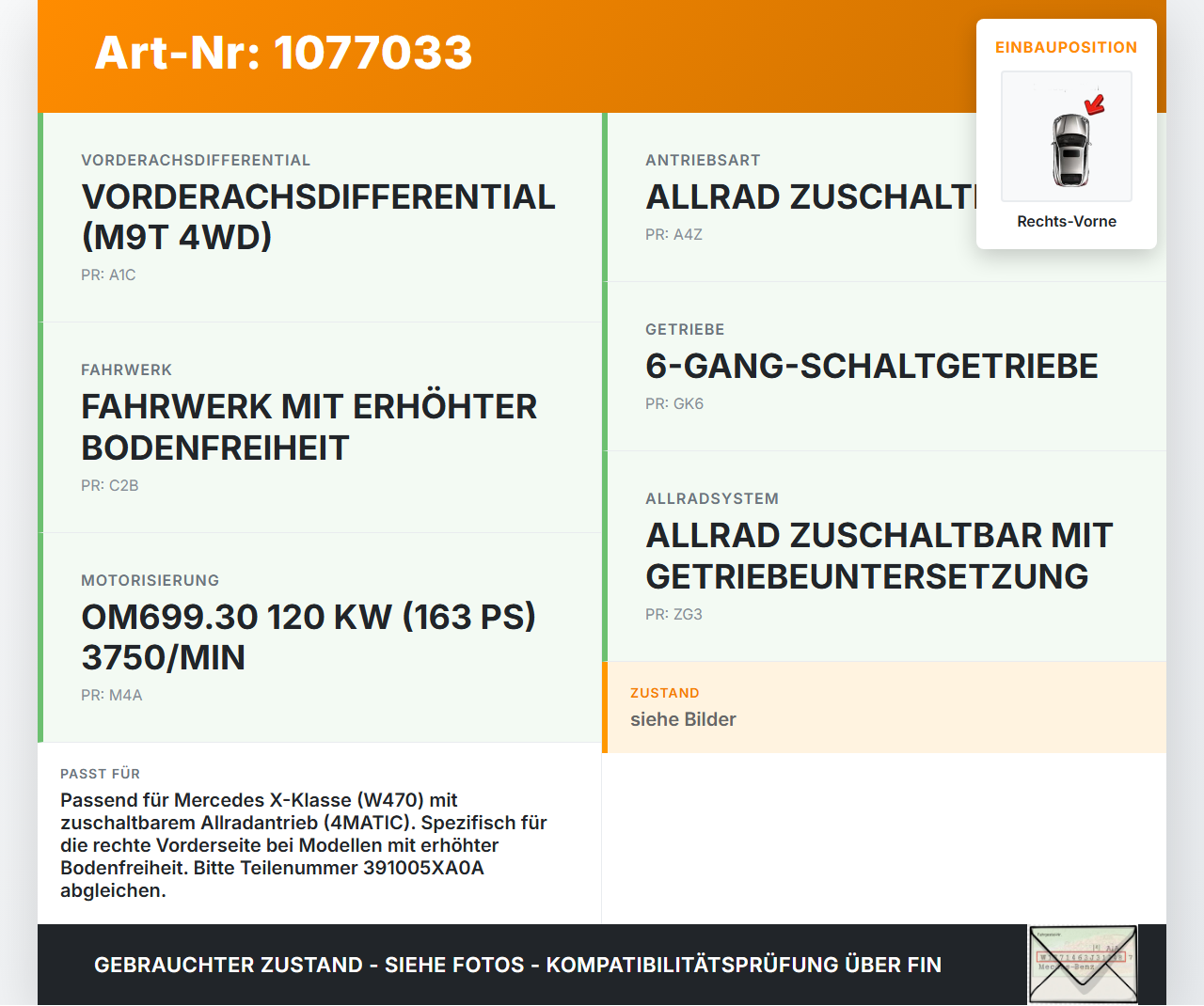 Mercedes X-Kl 470 X220d 17-20 CDI 2,3 120KW 4WD Antriebswelle Gelenkwelle Rechts Vorne Mercedes X-Kl 470 X220d... Vorschau 3