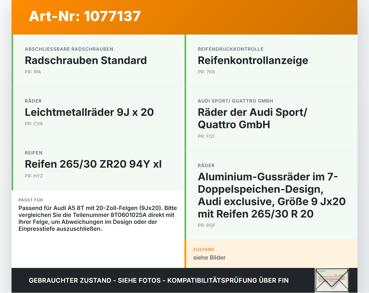 Audi A5 8T 11-16 1 x Felge Aluminiumfelge Zoll 5X112 Audi A5 8T 11-16 15.05.2013 8T0601025A gebraucht Vorschau 3
