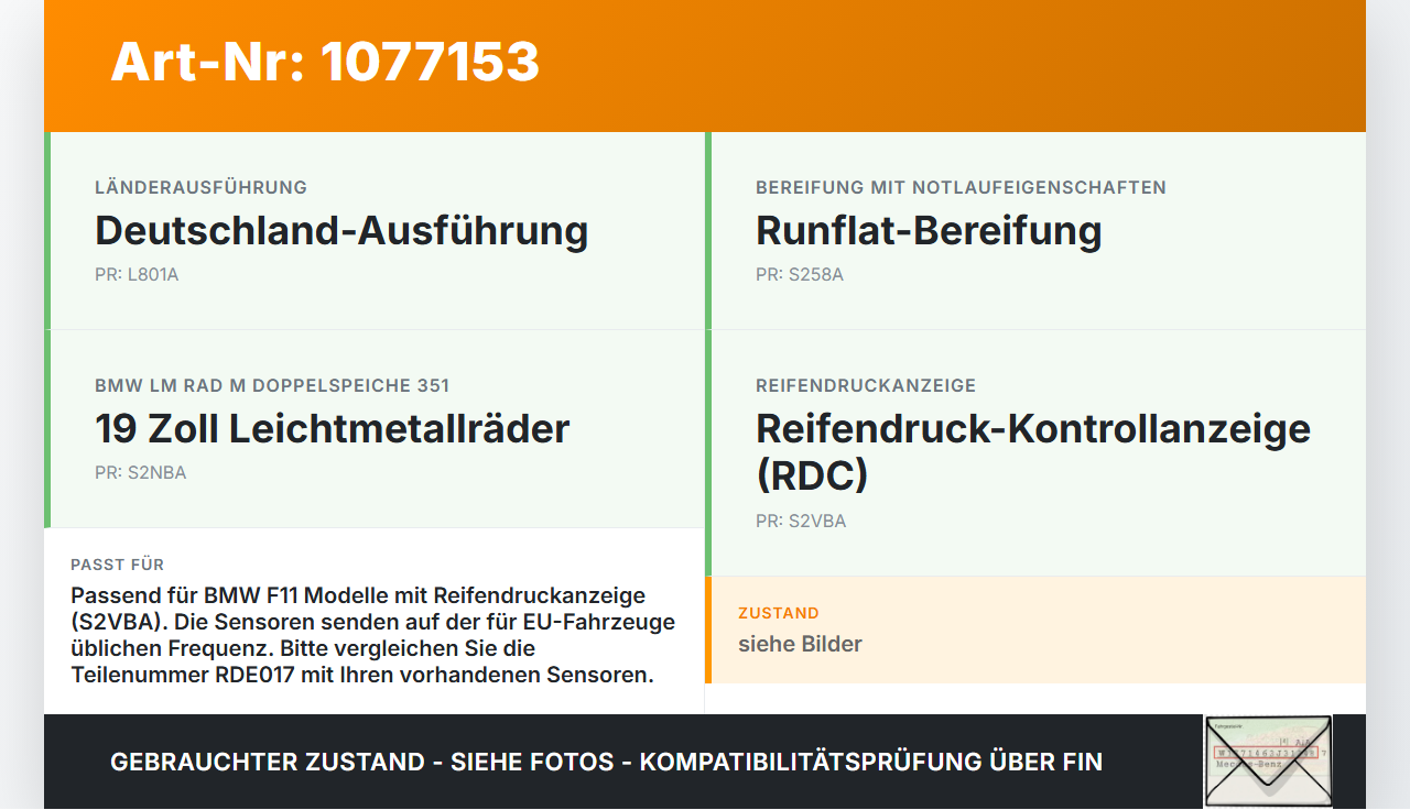 BMW F11 530dx 10-14 4x Reifendruck Sensor Radsensor Reifendrucksensor RDKS BMW F11 530dx 10-14 15.05.2014 RDE017... Vorschau 3