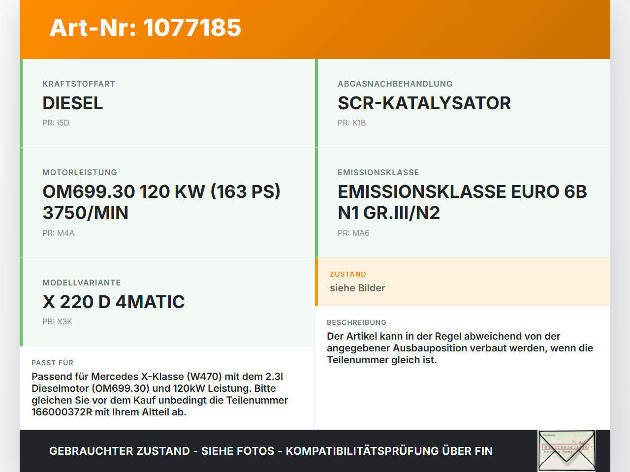 Mercedes X-Kl 470 X220d 17-20 CDI 2,3 120KW Injektor Einspritzdüse Zyl.2 Mercedes X-Kl 470 X220d 17-20 27.10.2017... Vorschau 3