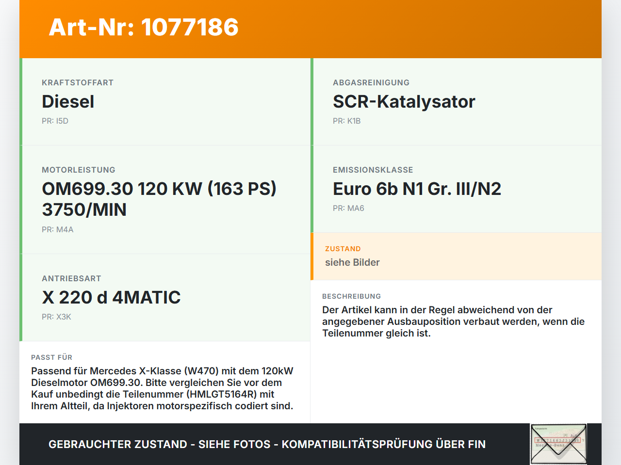 Mercedes X-Kl 470 X220d 17-20 CDI 2,3 120KW Injektor Einspritzdüse Zyl.2 Mercedes X-Kl 470 X220d 17-20 27.10.2017... Vorschau 3