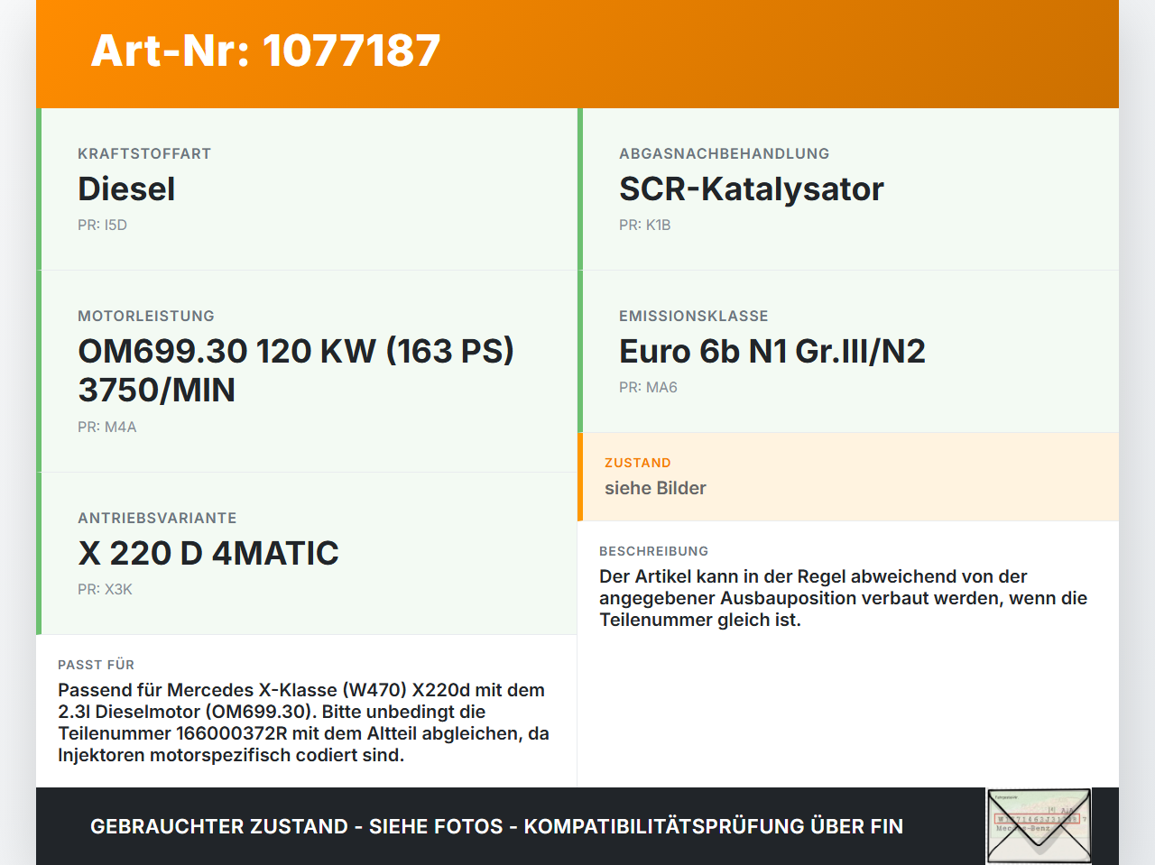 Mercedes X-Kl 470 X220d 17-20 CDI 2,3 120KW Injektor Einspritzdüse Zyl.1 Mercedes X-Kl 470 X220d 17-20 27.10.2017... Vorschau 3