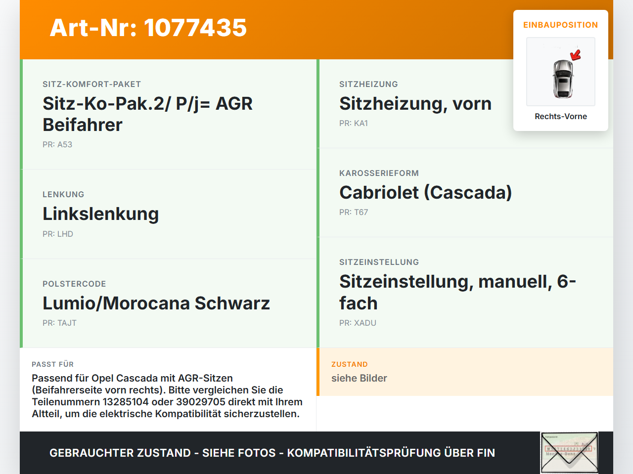 Opel Cascada W13 13-19 Sitzverstellung Schalter Rechts Vorne Opel Cascada W13 13-19 16.03.2016 13285104 gebraucht Vorschau 3