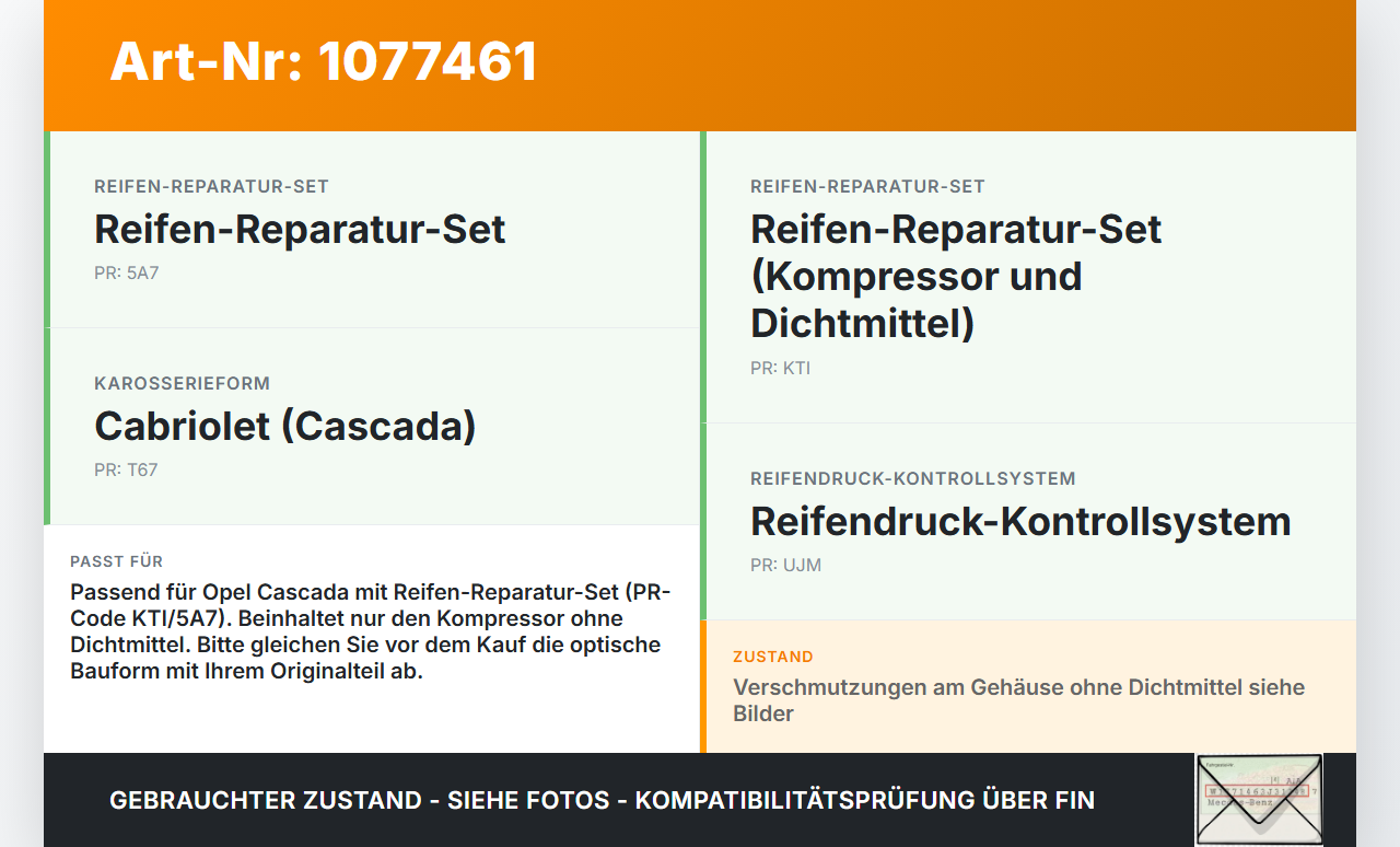 Opel Cascada W13 13-19 1,6 125KW Reifendruckkompressor Pannenset Opel Cascada W13 13-19 16.03.2016 33-123-15 gebraucht Vorschau 3