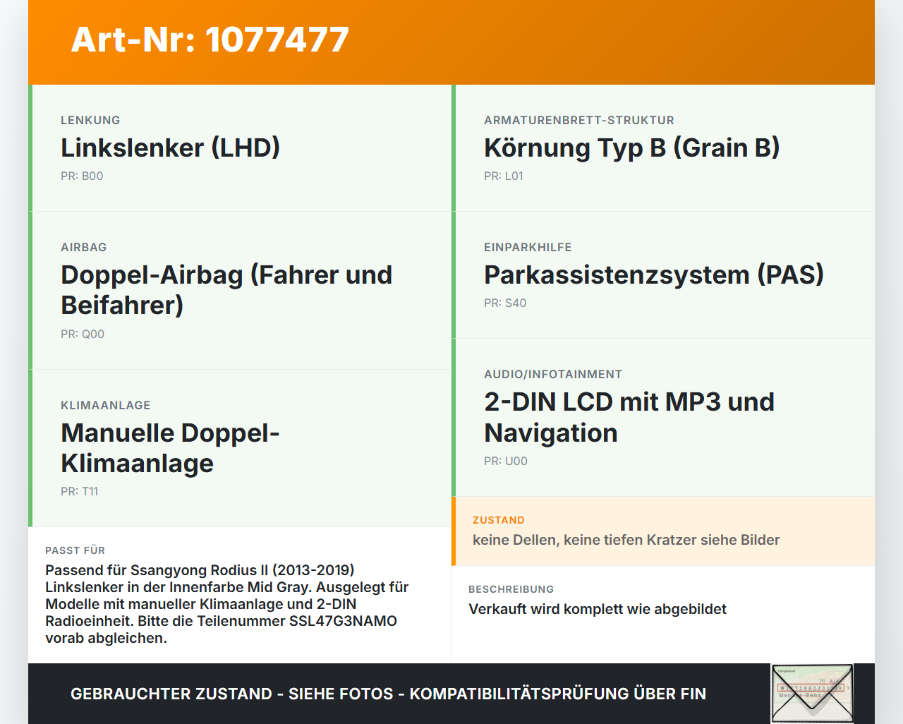 Ssangyong Rodius II 13-19 Armaturenbrett Panel komplett Ssangyong Rodius II 13-19 02.10.2014 SSL47G3NAMO gebraucht Vorschau 3