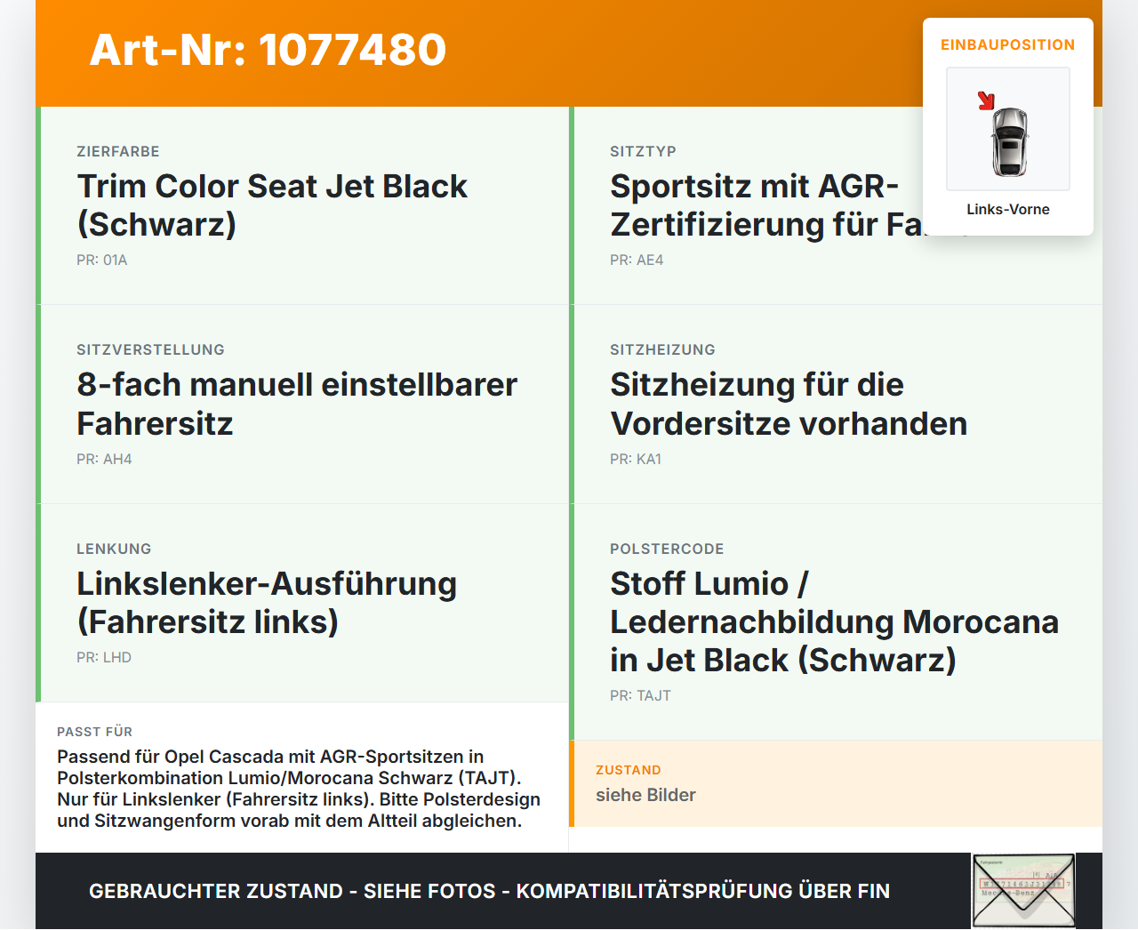 Opel Cascada W13 13-19 Cabrio Sitzbezug Sitzpolster für Fahrersitz Sitz Links Vorne beheizt Opel Cascada W13 13-19... Vorschau 3