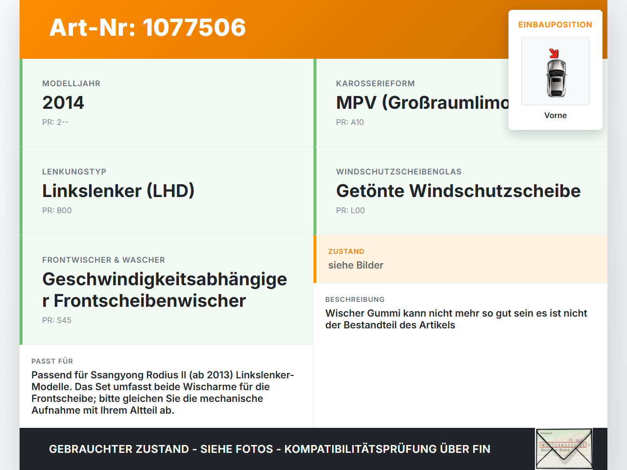 Ssangyong Rodius II 13-19 2x Scheibenwischer Wischarm Vorne Ssangyong Rodius II 13-19 02.10.2014 gebraucht Vorschau 3