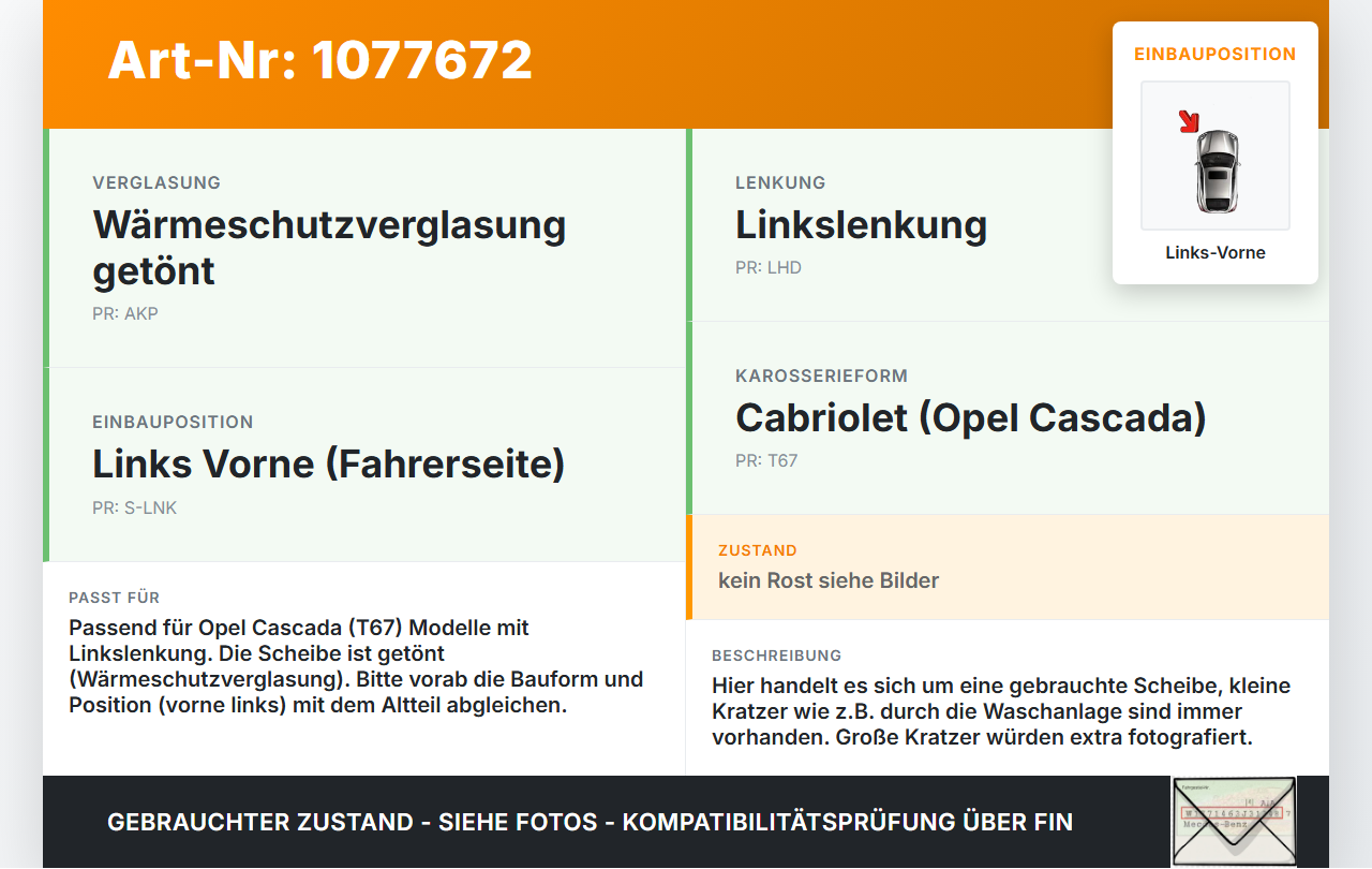 Opel Cascada W13 13-19 Cabrio Seitenscheibe Dreieck Scheibe Türscheibe Links Vorne Opel Cascada W13 13-19... Vorschau 3