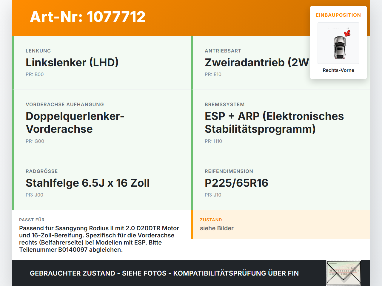 Ssangyong Rodius II 13-19 XDi 2,0 114KW Bremssattel Bremszange 2-Kolben Rechts Vorne Ssangyong Rodius II 13-19... Vorschau 3