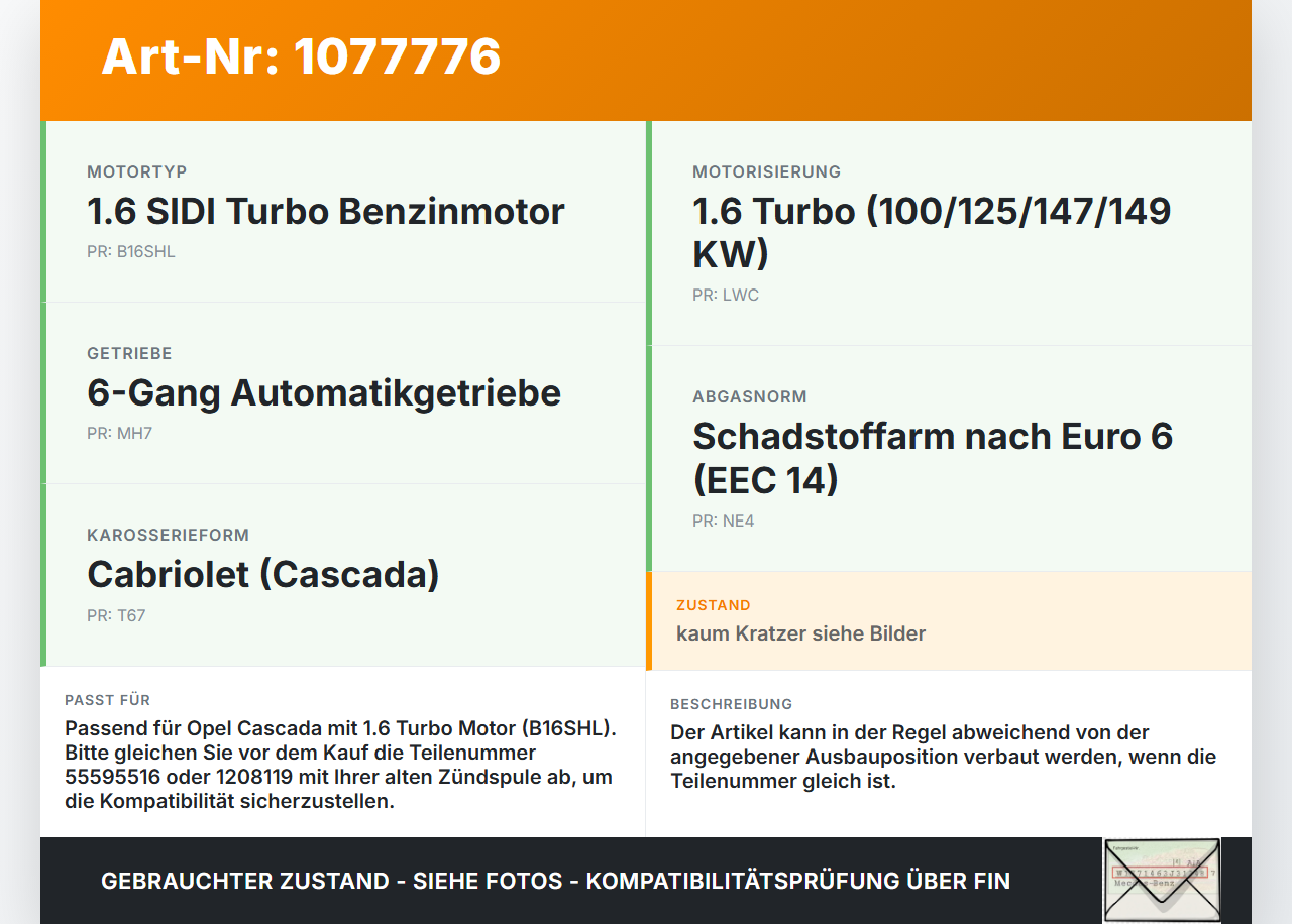 Opel Cascada W13 13-19 1,6 125KW Zündspule Zyl.4 Opel Cascada W13 13-19 16.03.2016 5Z03122 gebraucht Vorschau 3
