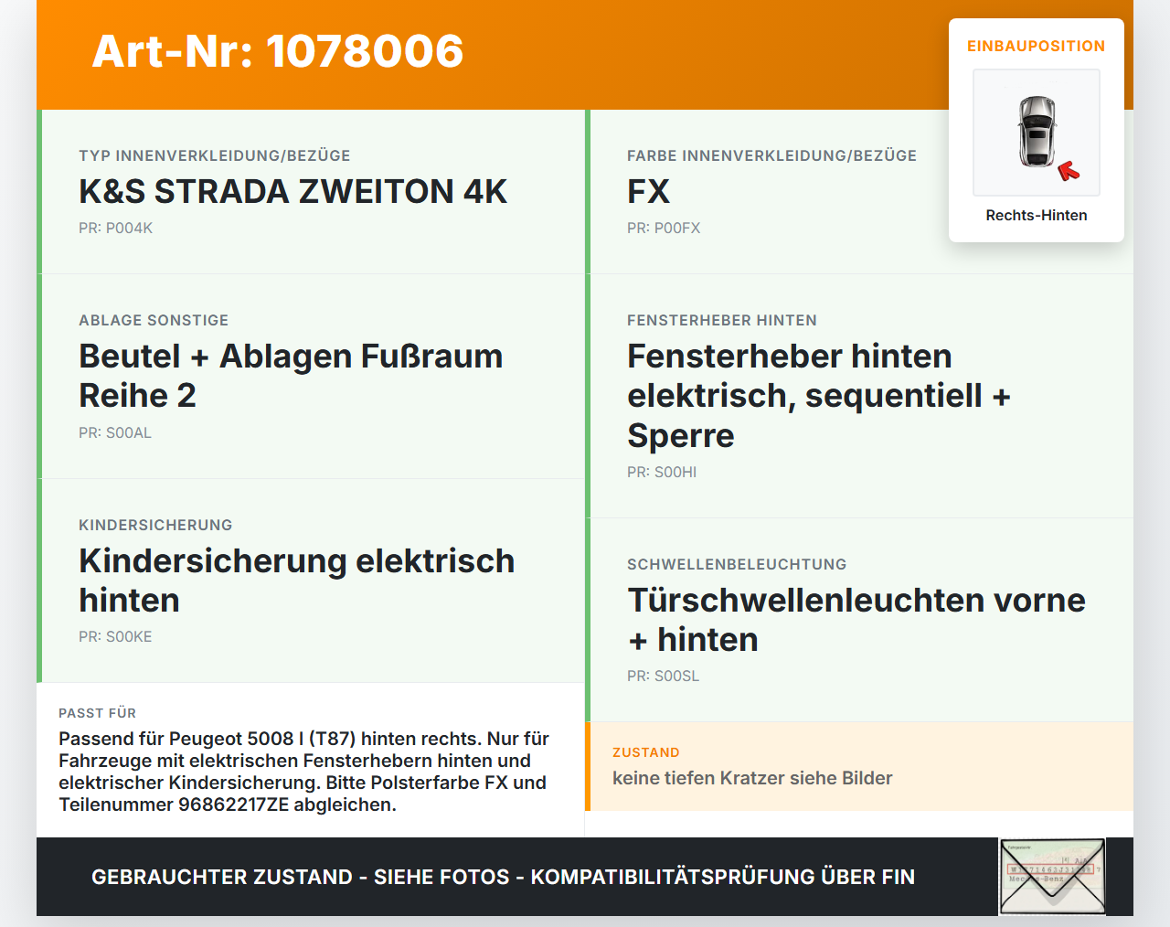 Peugeot 5008 I T87 09-13 Türverkleidung Türpappe Rechts Hinten Peugeot 5008 I T87 09-13 01.01.2009 96862217ZE gebraucht Vorschau 3