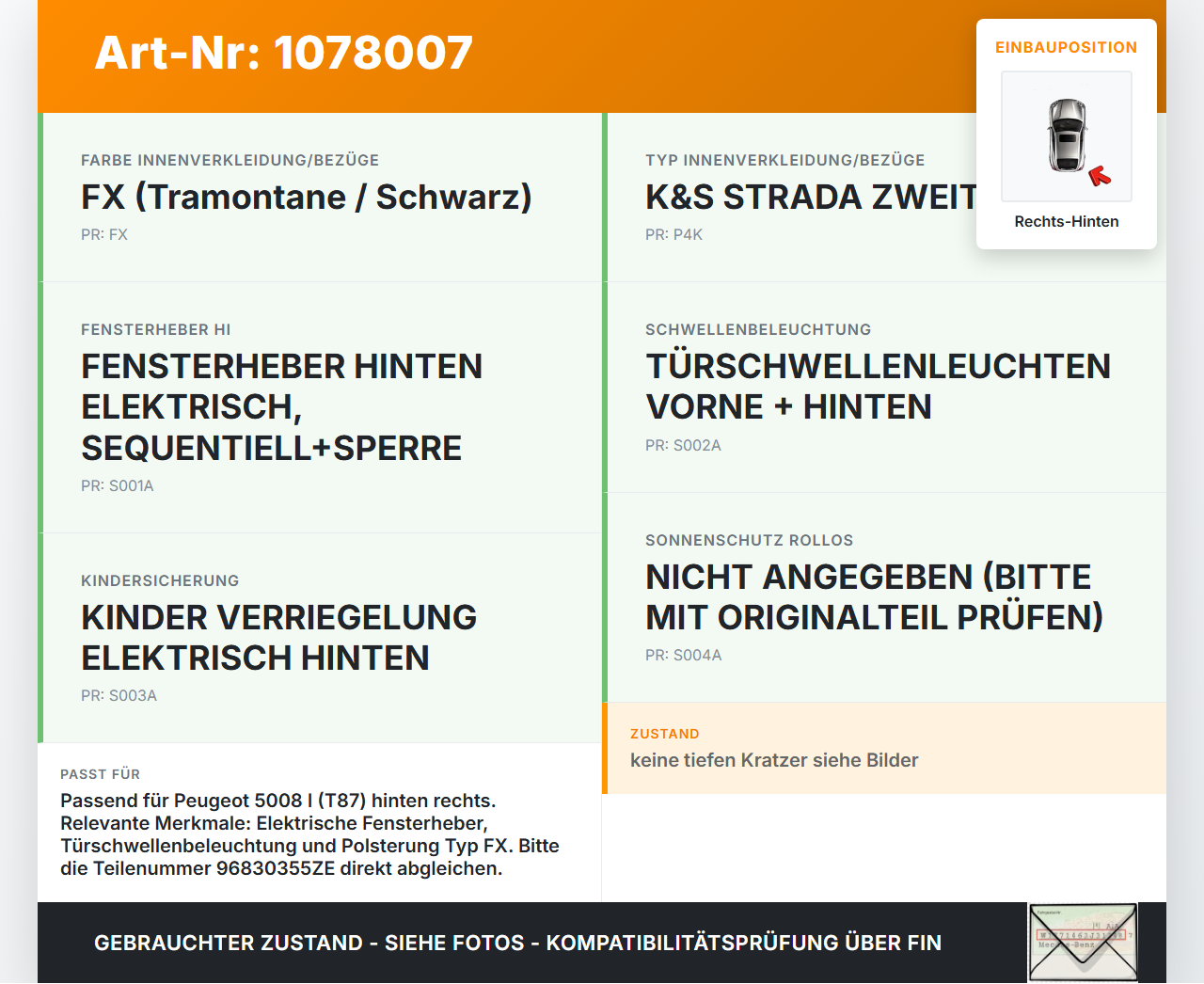 Peugeot 5008 I T87 09-13 Türverkleidung Türpappe Rechts Hinten Peugeot 5008 I T87 09-13 01.01.2009 96830355ZE gebraucht Vorschau 3