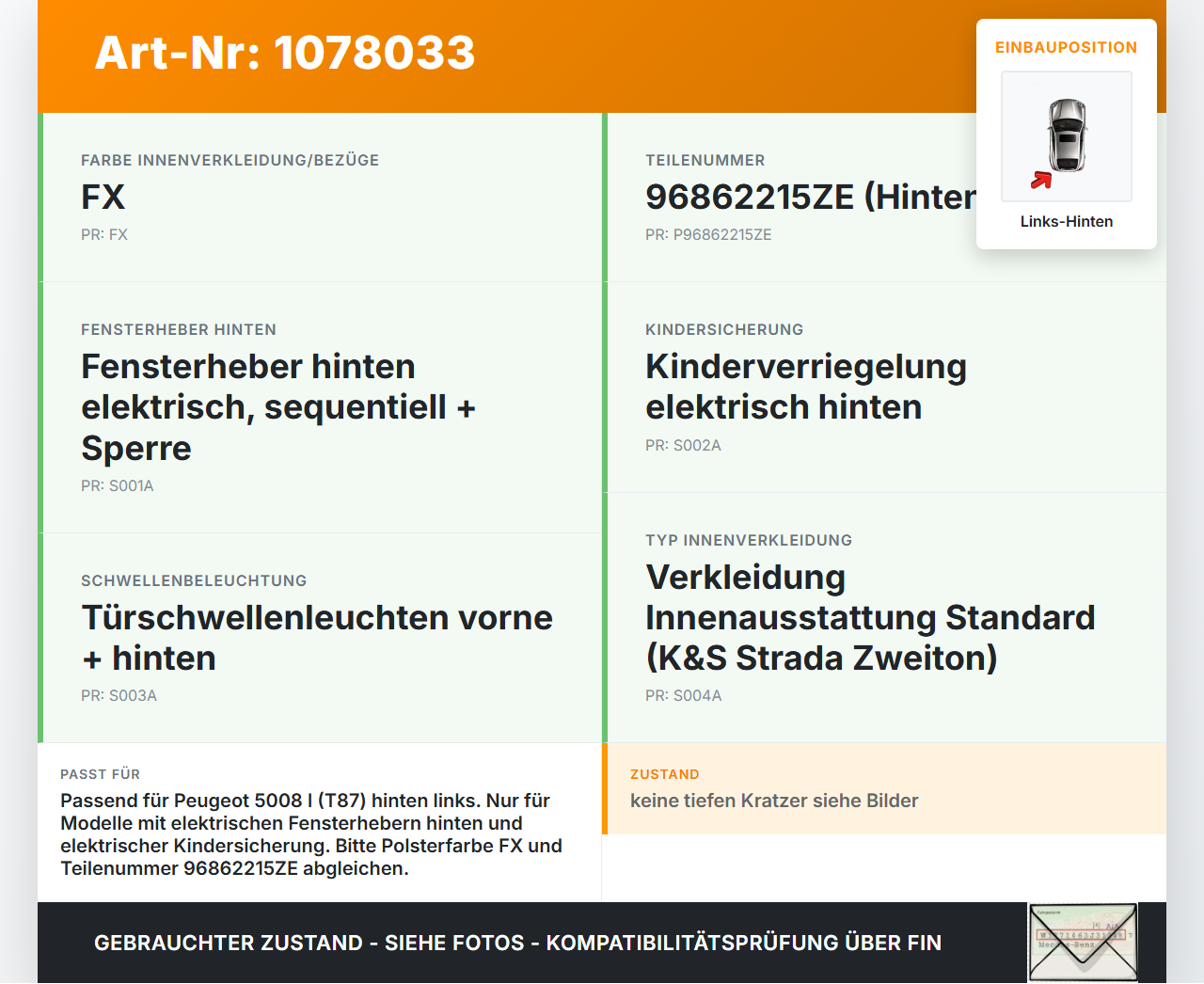 Peugeot 5008 I T87 09-13 Türverkleidung Türpappe Links Hinten Peugeot 5008 I T87 09-13 01.01.2009 96862215ZE gebraucht Vorschau 3