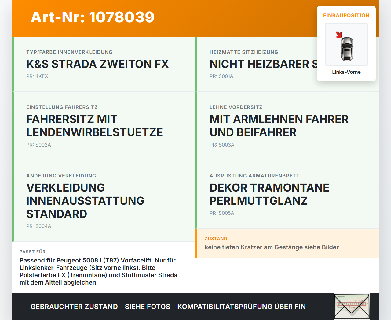 Peugeot 5008 I T87 09-13 Kopfstütze für Fahrer Sitz Links Vorne Peugeot 5008 I T87 09-13 01.01.2009 gebraucht Vorschau 3