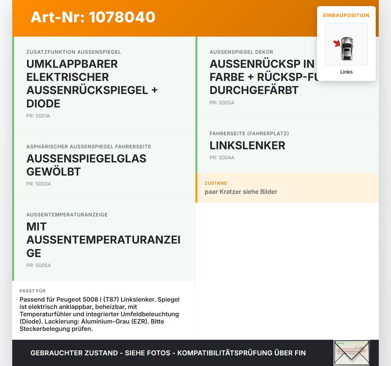 Peugeot 5008 I T87 09-13 Spiegel Aussenspiegel Links EZR Peugeot 5008 I T87 09-13 01.01.2009 gebraucht Vorschau 3