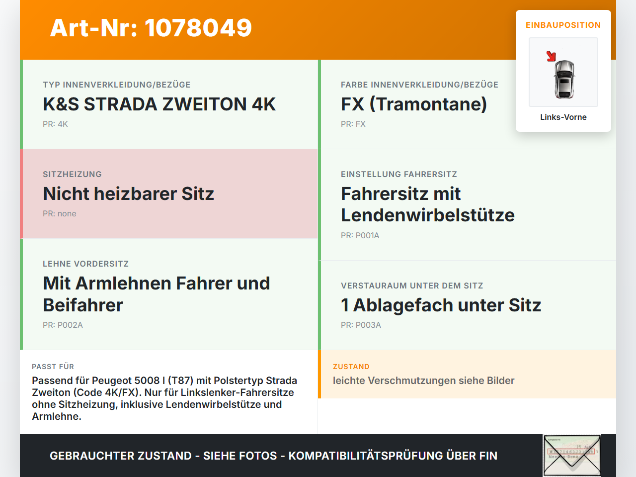 Peugeot 5008 I T87 09-13 Sitzbezug Sitzpolster für Fahrersitz Sitz Links Vorne Peugeot 5008 I T87 09-13 01.01.2009... Vorschau 3
