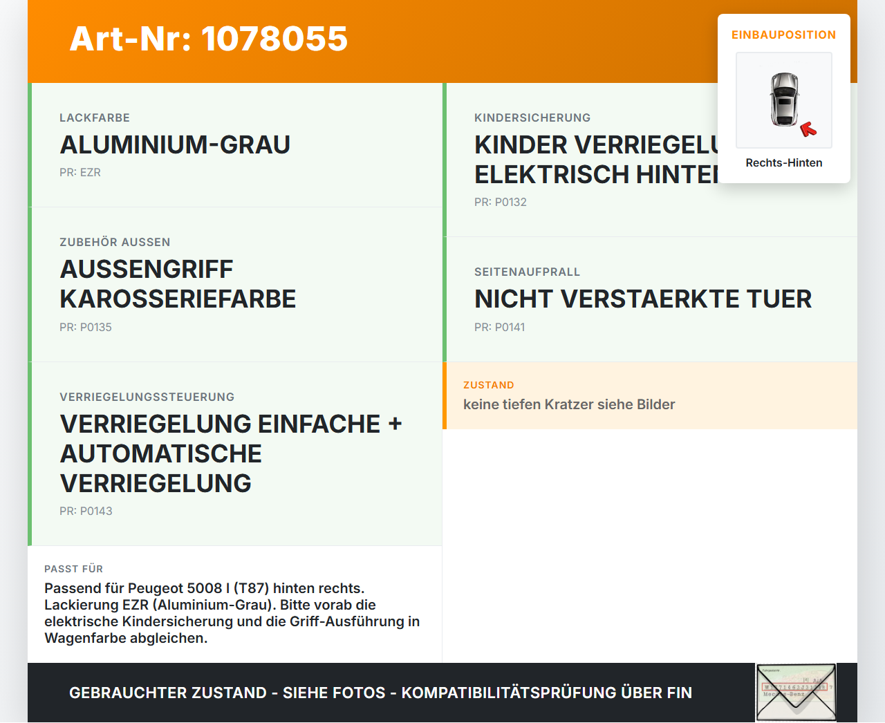 Peugeot 5008 I T87 09-13 Türgriff Griff aussen Rechts Hinten EZR Peugeot 5008 I T87 09-13 01.01.2009 gebraucht Vorschau 3