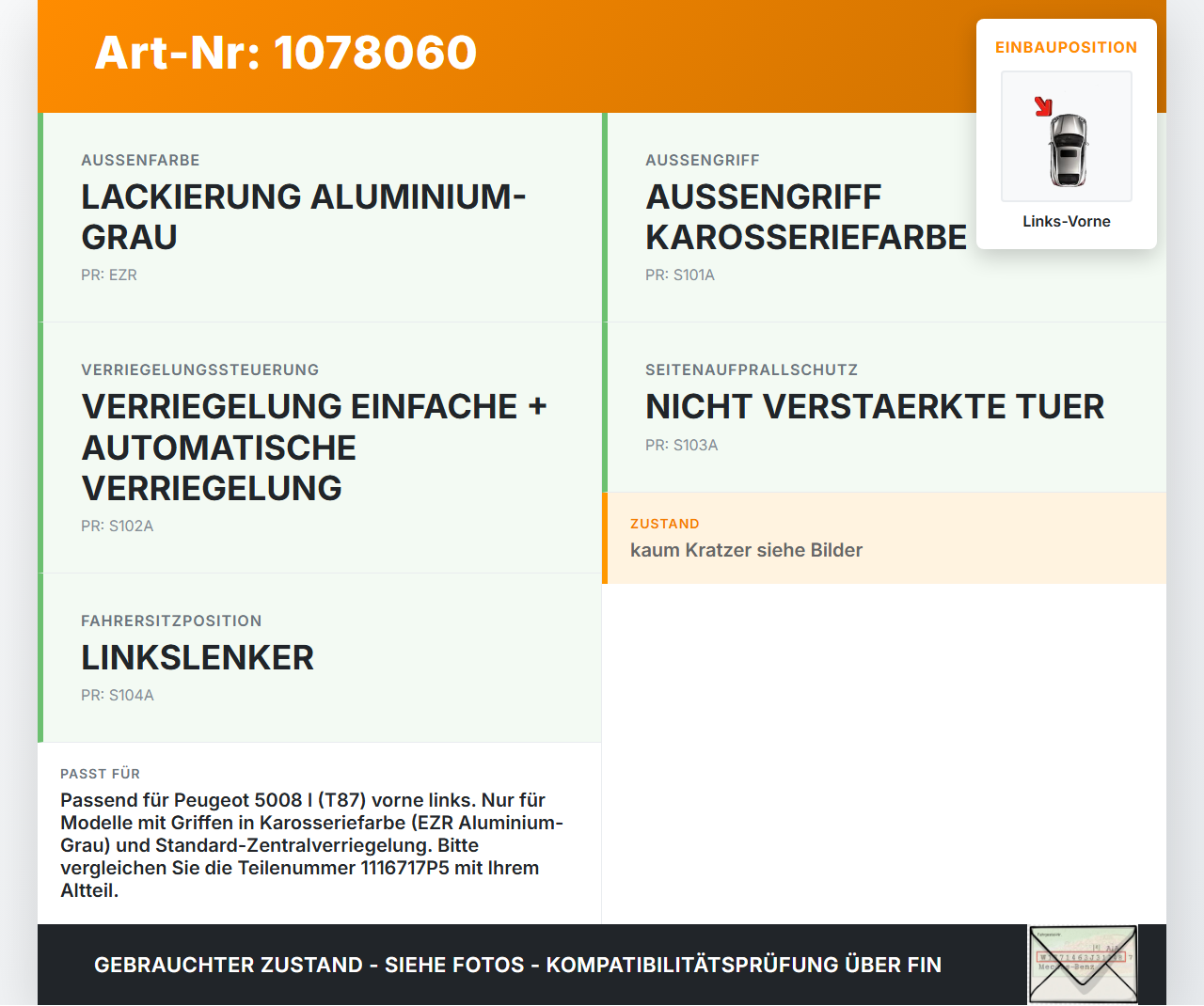 Peugeot 5008 I T87 09-13 Türgriff Griff aussen Links Vorne EZR Peugeot 5008 I T87 09-13 01.01.2009 1116717P5 gebraucht Vorschau 3