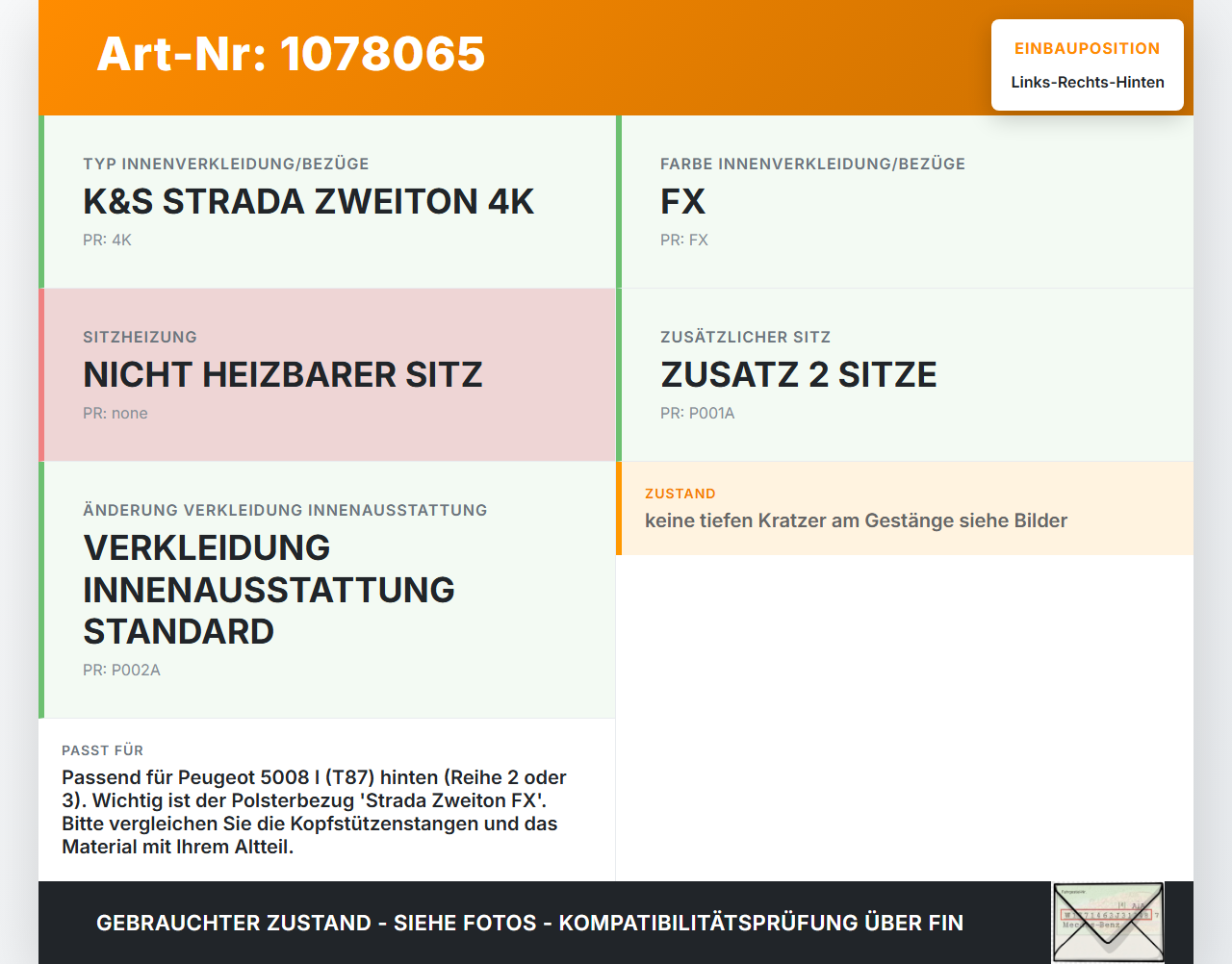 Peugeot 5008 I T87 09-13 Kopfstütze Rechts oder Links Hinten Peugeot 5008 I T87 09-13 01.01.2009 gebraucht Vorschau 3