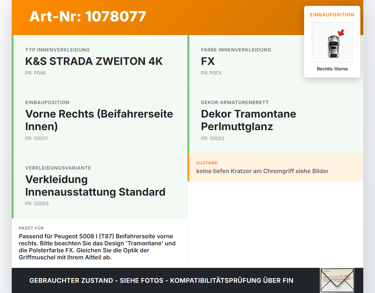 Peugeot 5008 I T87 09-13 Türgriff Griffmuschel Griff Innen Rechts Vorne Peugeot 5008 I T87 09-13 01.01.2009 1904002... Vorschau 3