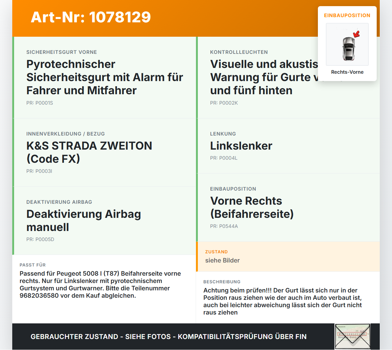 Peugeot 5008 I T87 09-13 Gurt Sicherheitsgurt Gurtstraffer für Beifahrer Rechts Vorne Peugeot 5008 I T87 09-13... Vorschau 3