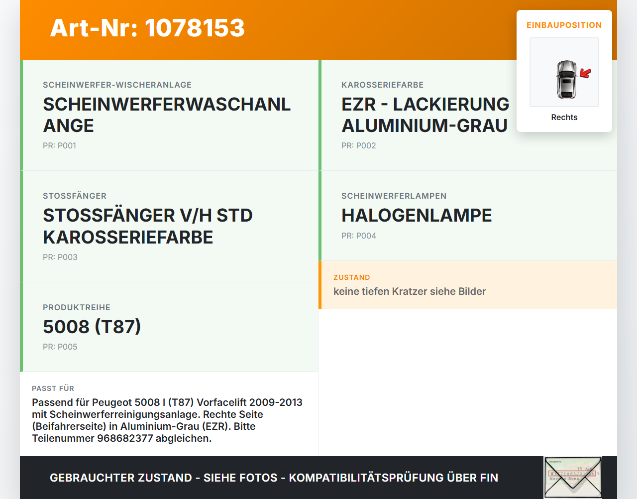 Peugeot 5008 I T87 09-13 Deckel Klappe Abdeckung für Waschdüse Scheinwerfer SRA Rechts Peugeot 5008 I T87 09-13... Vorschau 3