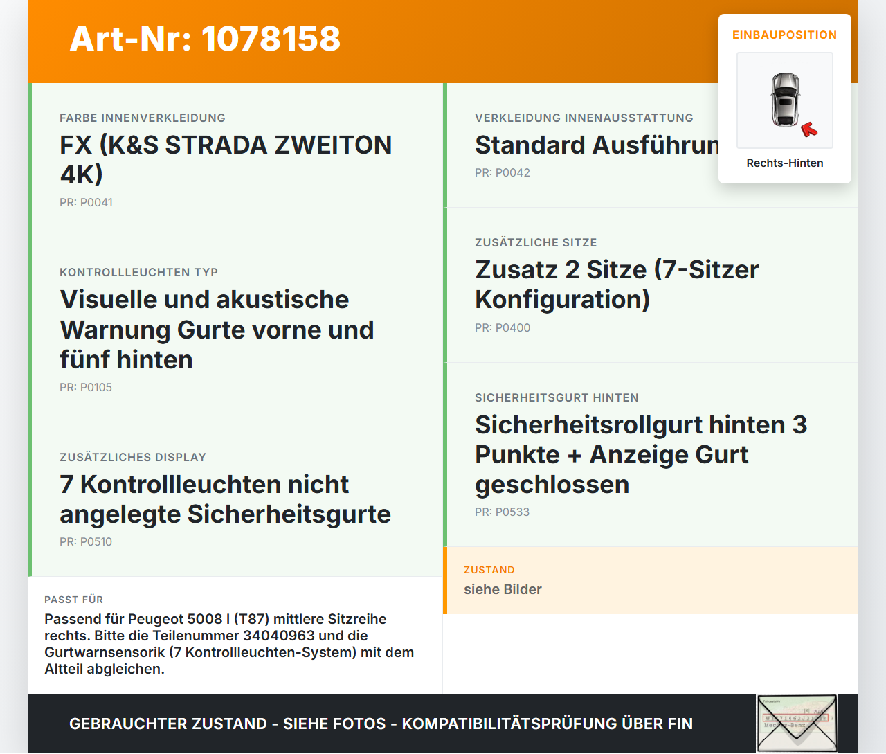 Peugeot 5008 I T87 09-13 Gurtschloss Rechts Hinten mittlere Reihe Peugeot 5008 I T87 09-13 01.01.2009 9682053580... Vorschau 3