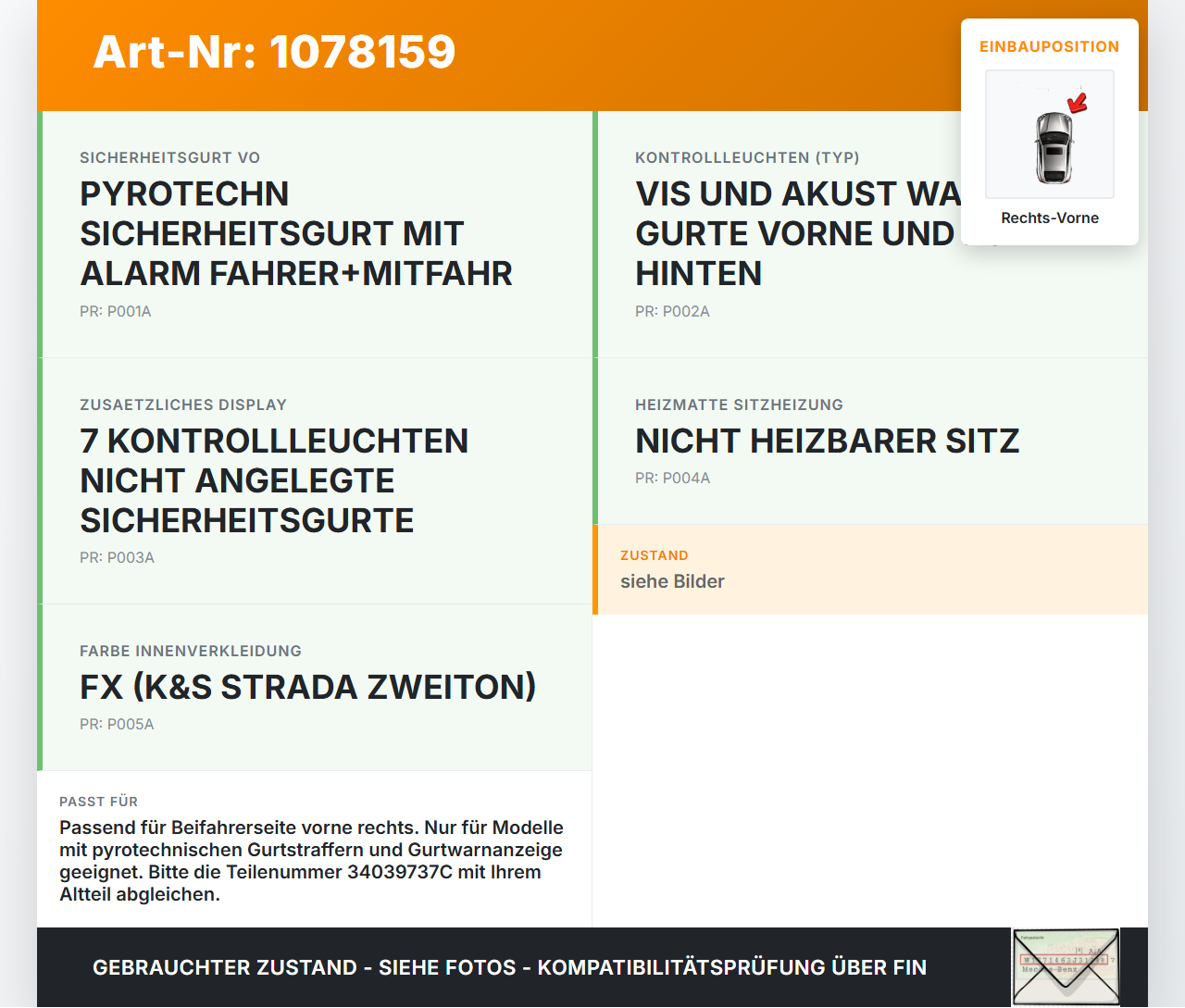 Peugeot 5008 I T87 09-13 Gurtstraffer Gurtschloss Beifahrer Rechts Vorne Peugeot 5008 I T87 09-13 01.01.2009... Vorschau 3