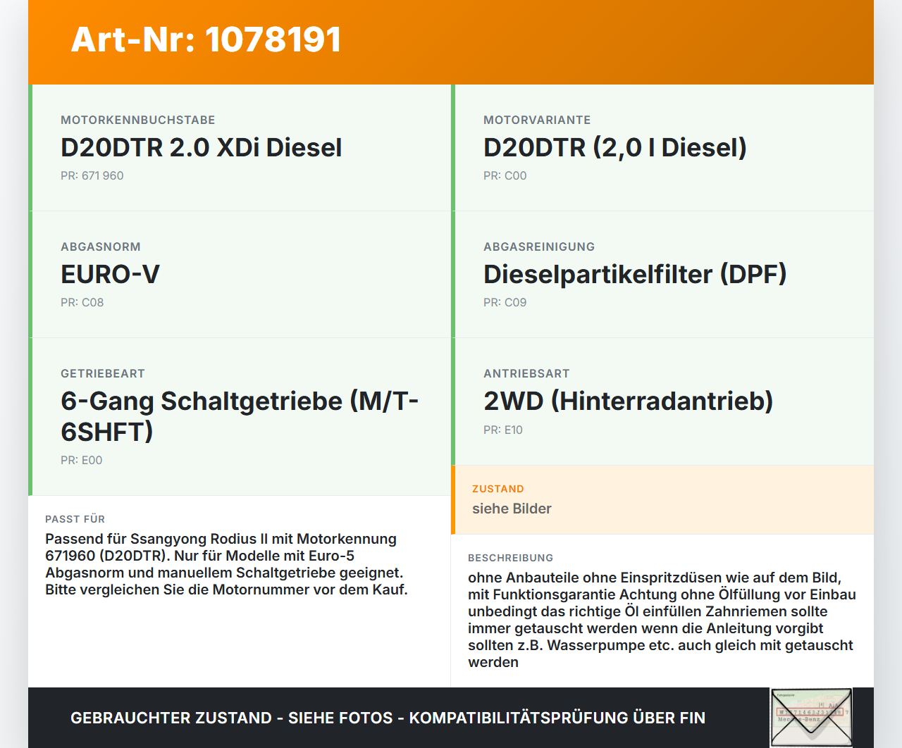 Ssangyong Rodius II 13-19 XDi 2,0 114KW D20DTR Motor Triebwerk 671960 Ssangyong Rodius II 13-19 02.10.2014 gebraucht Vorschau 3