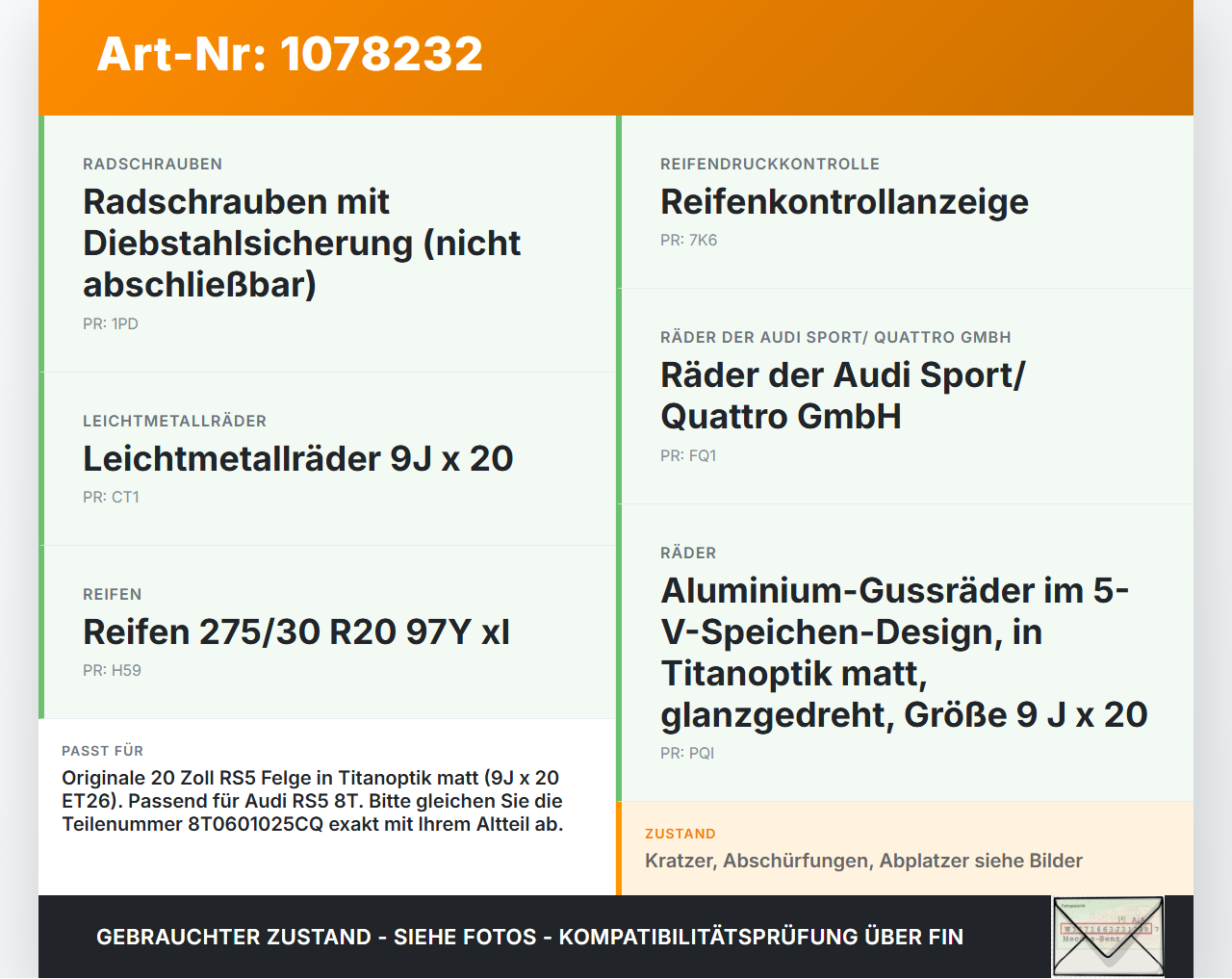 Audi A5 RS5 8T 12-15 1 x Felge Aluminiumfelge 20 Zoll 5X112 Audi A5 RS5 8T 12-15 20.08.2013 8T0601025CQ-BAU-TITAN... Vorschau 3