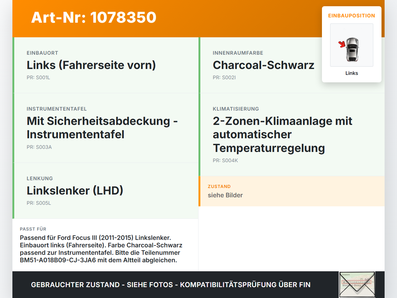 Ford Focus III 11-15 Luftdusche Luftdüse Links Ford Focus III 11-15 01.10.2014 BM51-A018B09-CJ-3JA6 gebraucht Vorschau 3
