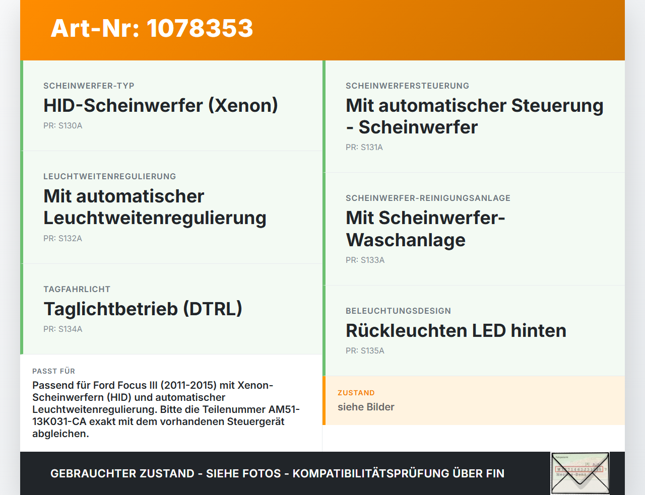 Ford Focus III 11-15 Steuergerät ECU Licht Kontrolle Ford Focus III 11-15 01.10.2014 AM51-13K031-CA gebraucht Vorschau 3