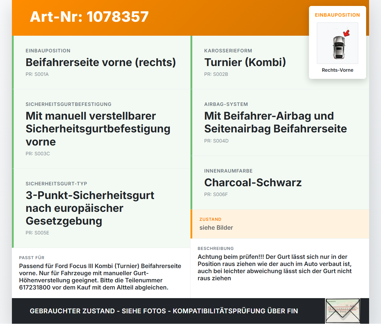 Ford Focus III 11-15 Kombi Gurt Sicherheitsgurt Gurtstraffer für Beifahrer Rechts Vorne Ford Focus III 11-15... Vorschau 3