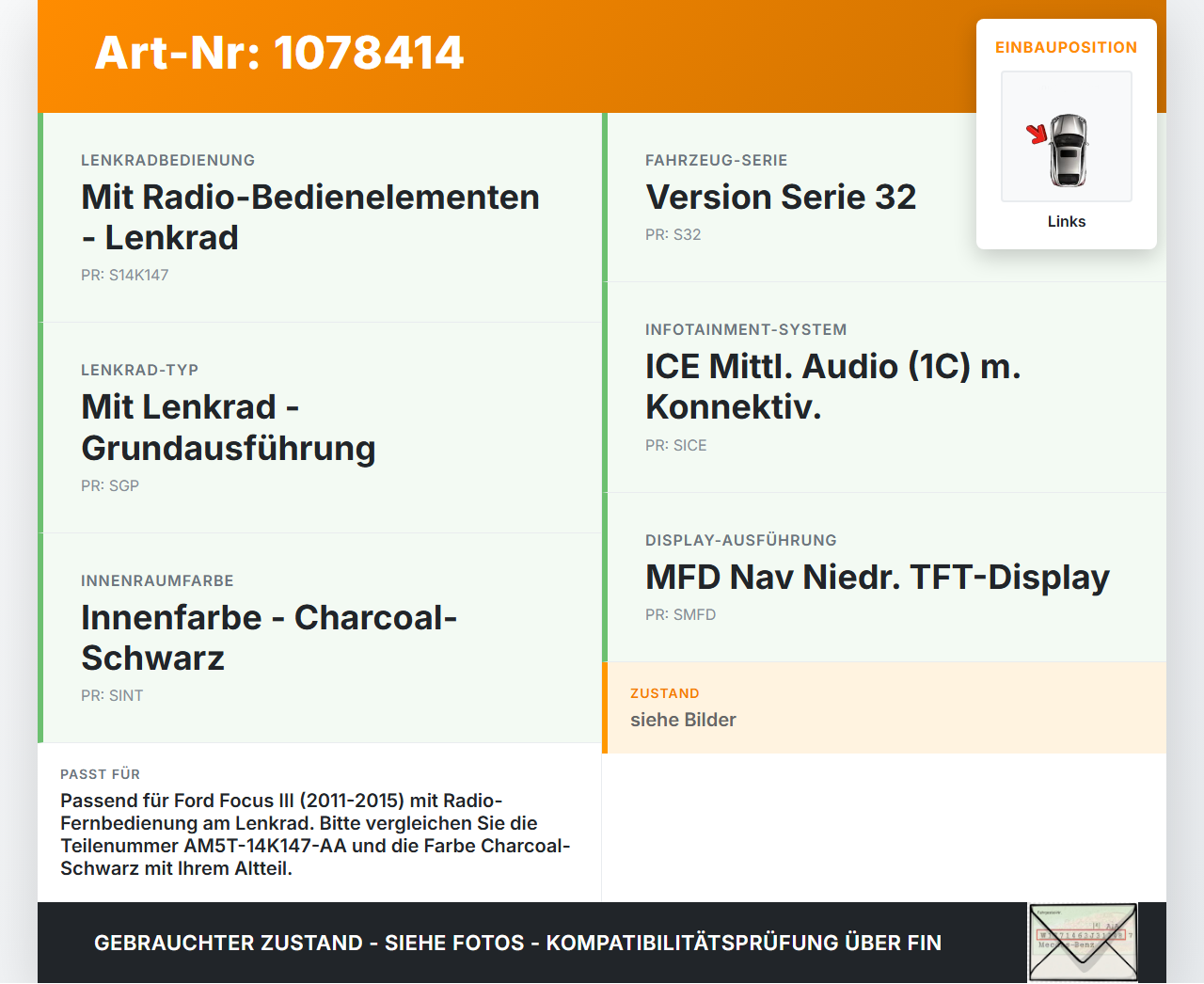 Ford Focus III 11-15 Lenkradschalter Multifunktionstasten Schalter für Lenkrad Links Ford Focus III 11-15... Vorschau 3