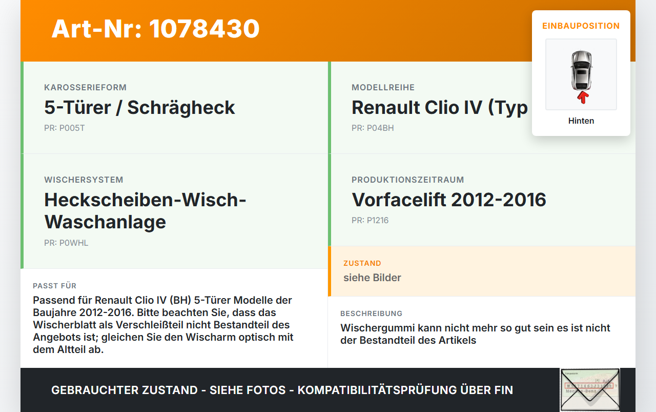Renault Clio IV BH 12-16 5T Heckwischer Scheibenwischer Hinten Wischarm Renault Clio IV BH 12-16 23.12.2013 gebraucht Vorschau 3