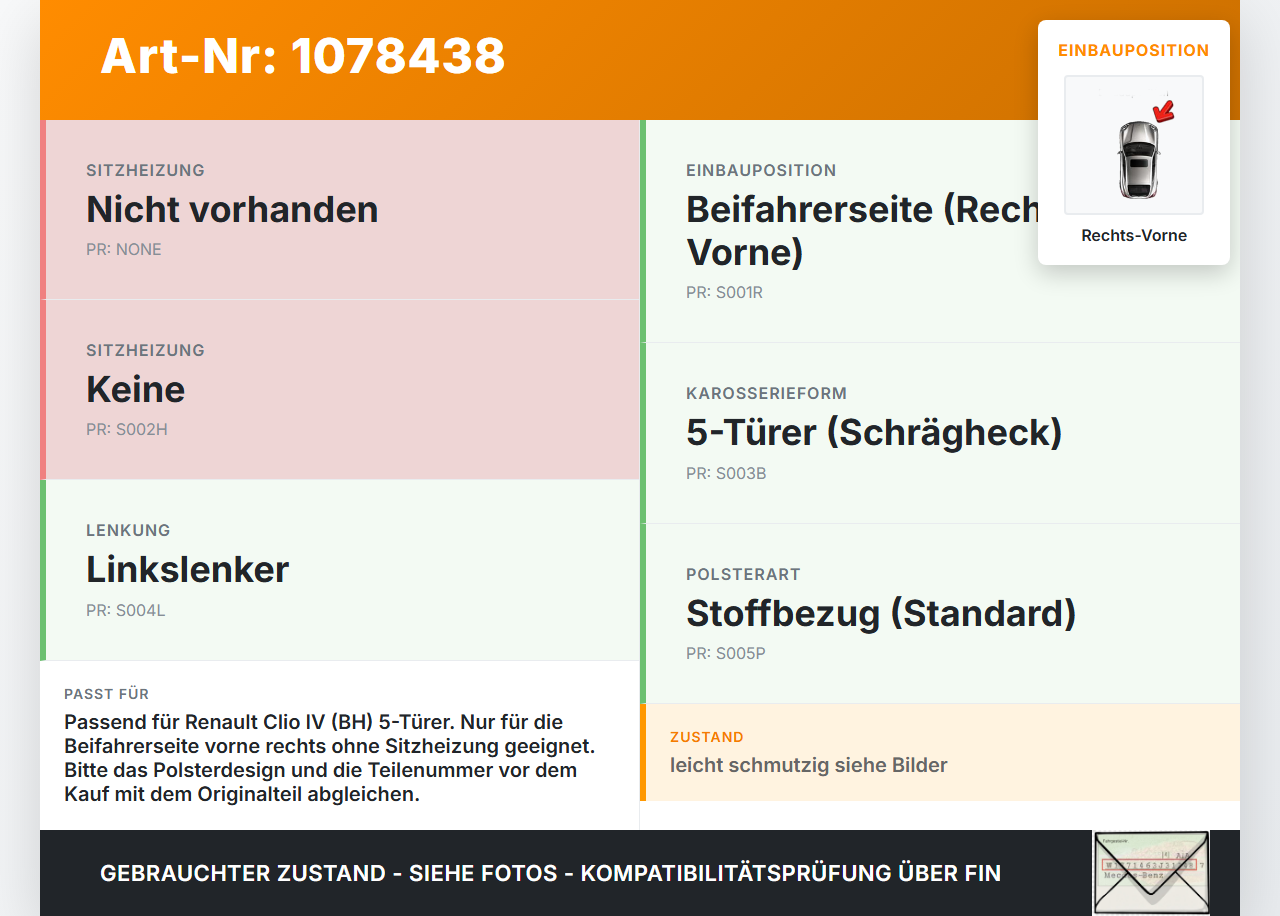 Renault Clio IV BH 12-16 5T Sitzbezug Sitzpolster für Beifahrersitz Rechts Vorne beheizt Renault Clio IV BH 12-16... Vorschau 3