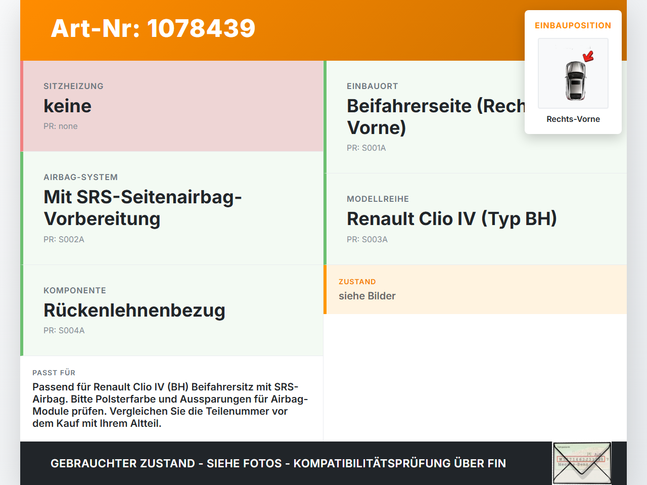 Renault Clio IV BH 12-16 5T Sitzbezug Rückenpolster Rechts Vorne für Beifahrer Sitz SRS Renault Clio IV BH 12-16... Vorschau 3