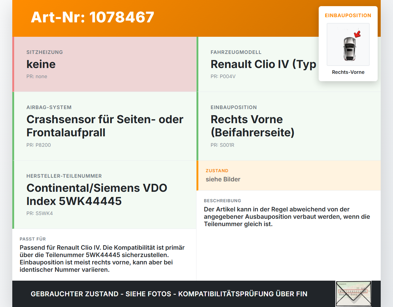 Renault Clio IV BH 12-16 Sensor für Airbag Crashsensor Airbagsensor Rechts Vorne Renault Clio IV BH 12-16... Vorschau 3