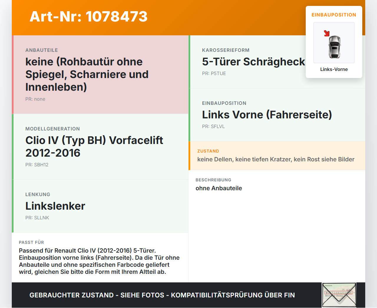 Renault Clio IV BH 12-16 5T Tür Fahrertür Links Vorne Renault Clio IV BH 12-16 23.12.2013 gebraucht Vorschau 3