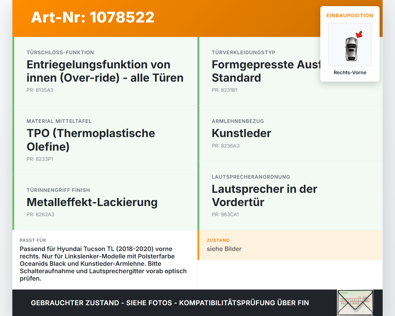 Hyundai Tucson TL 18-20 Türverkleidung Türpappe Rechts Vorne Hyundai Tucson TL 18-20 06.11.2019 82480D7240  5640477... Vorschau 3