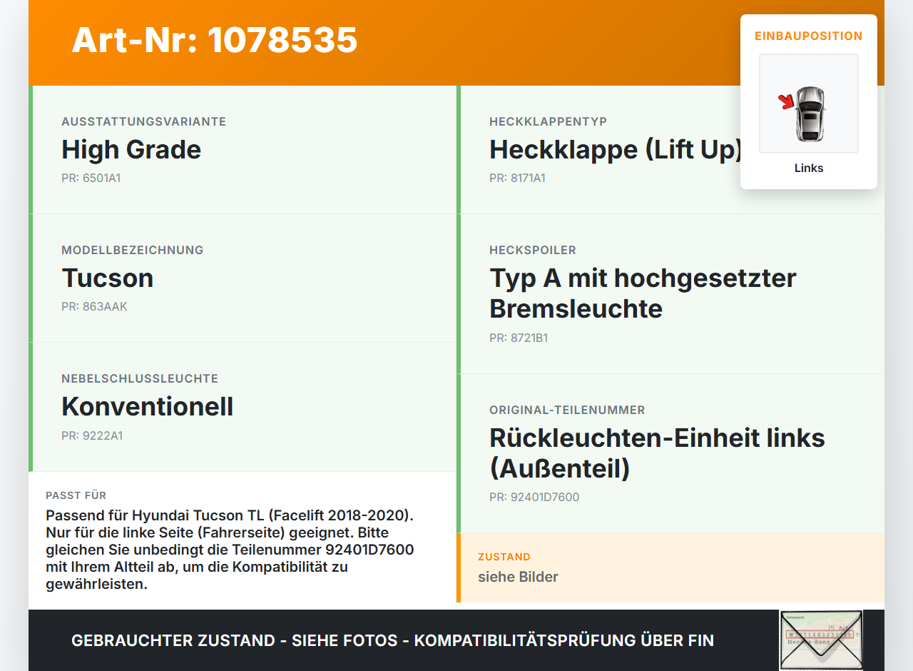 Hyundai Tucson TL 18-20 Rückleuchte Rücklicht Heckleuchte Links orig Hyundai Tucson TL 18-20 06.11.2019 92401D7600... Vorschau 3