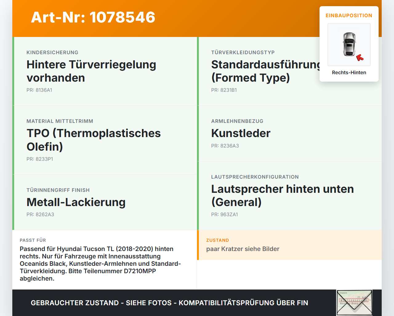 Hyundai Tucson TL 18-20 Türverkleidung Türpappe Rechts Hinten Hyundai Tucson TL 18-20 06.11.2019 L83302-D7210MPP... Vorschau 3