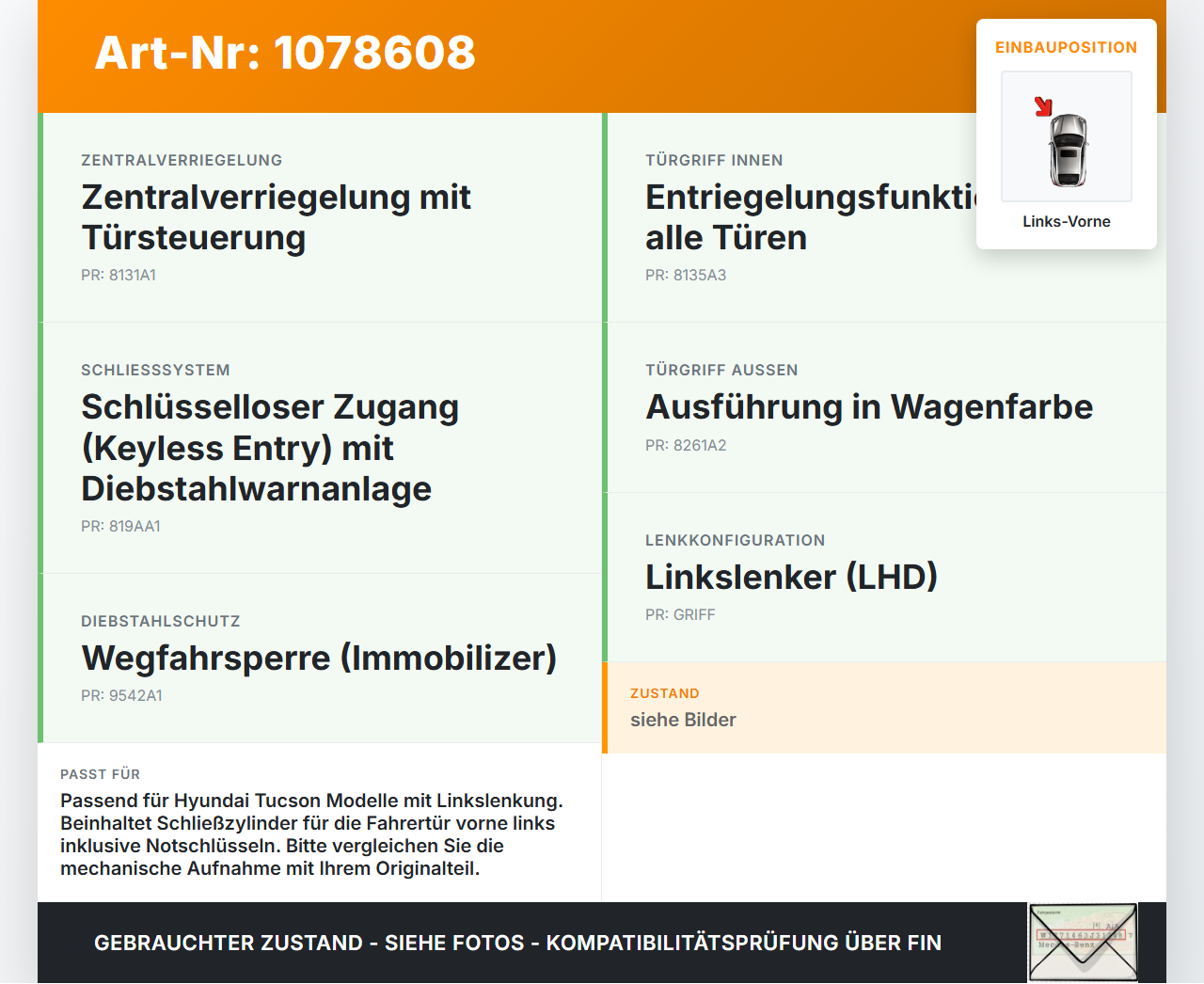 Hyundai Tucson TL 18-20 Schließzylinder Türschloss Tür 2x Notschlüssel Links Vorne Hyundai Tucson TL 18-20... Vorschau 3