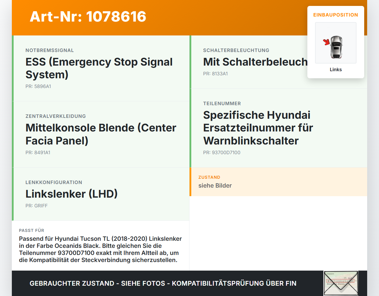 Hyundai Tucson TL 18-20 Warnblinkschalter Schalter Hyundai Tucson TL 18-20 06.11.2019 93700D7100 1909300000626 gebraucht Vorschau 3
