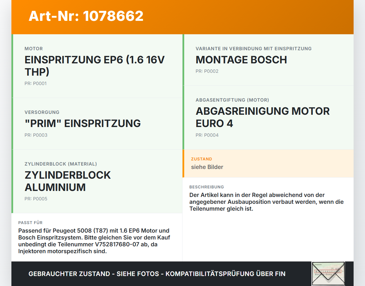 Peugeot 5008 I T87 09-13 1,6 115KW Injektor Einspritzdüse Zyl.4 Peugeot 5008 I T87 09-13 01.01.2009 V752817680-07... Vorschau 3