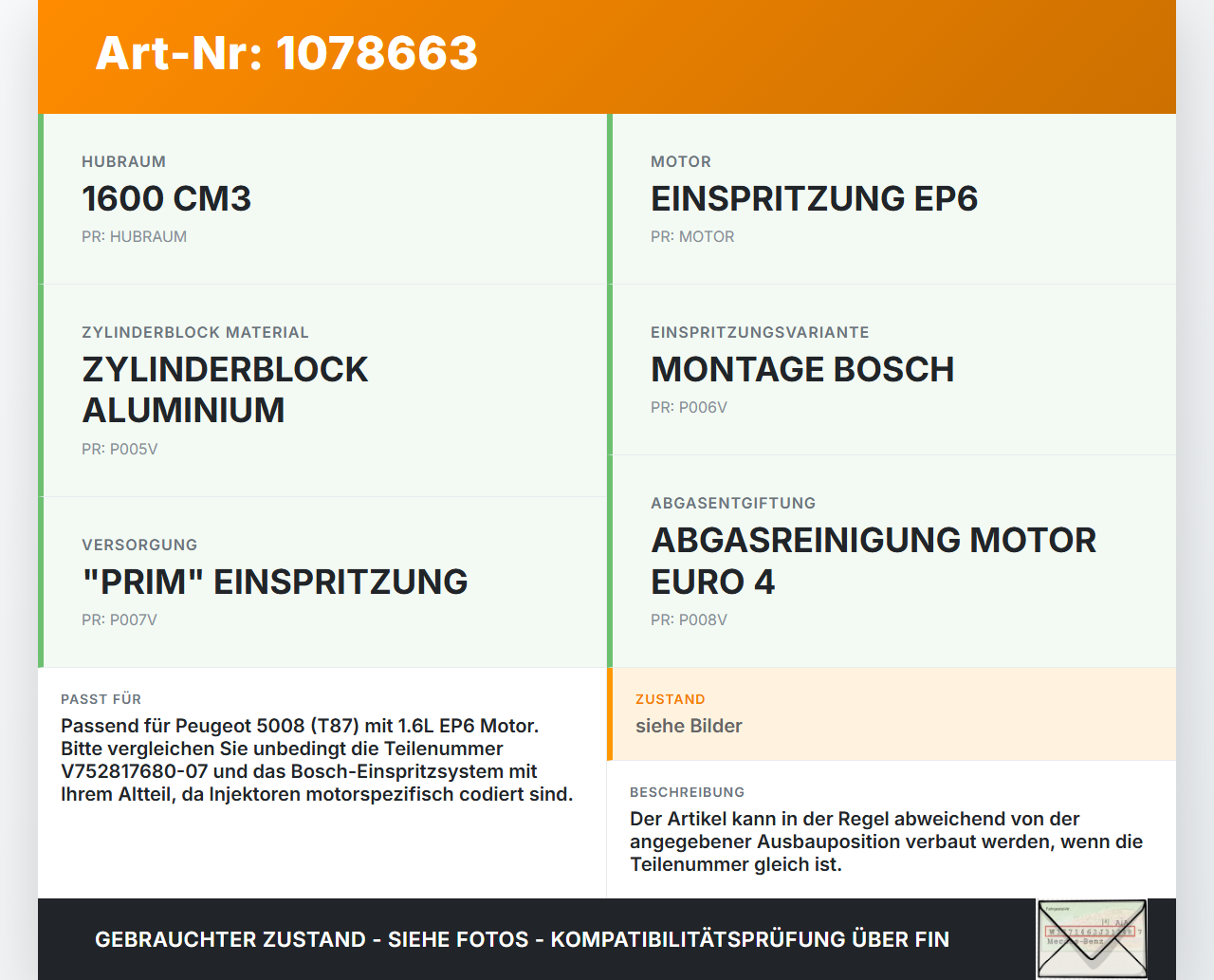 Peugeot 5008 I T87 09-13 1,6 115KW Injektor Einspritzdüse Zyl.2 Peugeot 5008 I T87 09-13 01.01.2009 V752817680-07... Vorschau 3