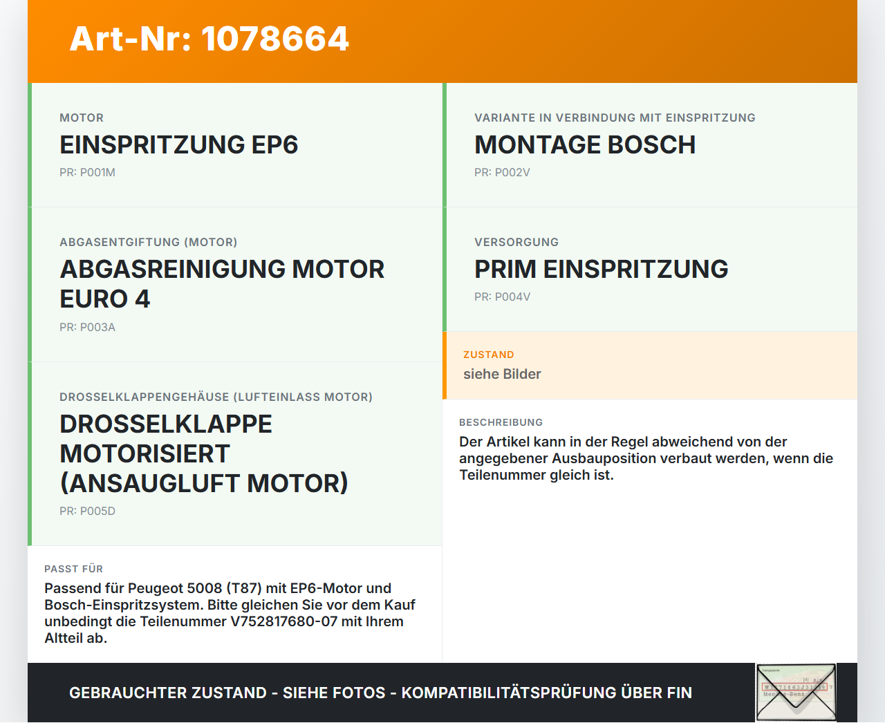 Peugeot 5008 I T87 09-13 1,6 115KW Injektor Einspritzdüse Zyl.3 Peugeot 5008 I T87 09-13 01.01.2009 V752817680-07... Vorschau 3
